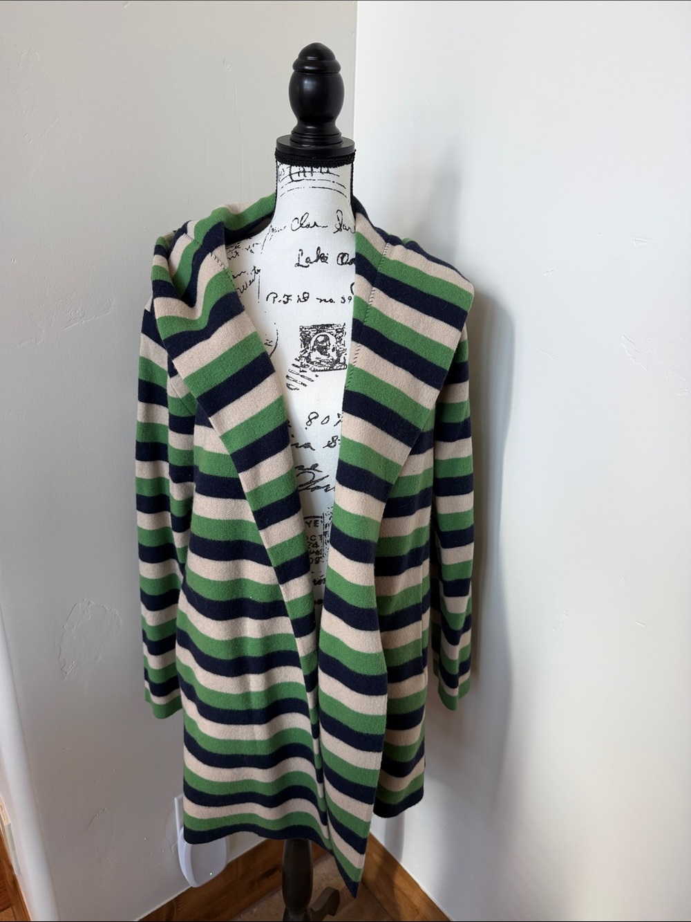 Striped Hooded Open-Front Cardigan - Green, Navy & Cream